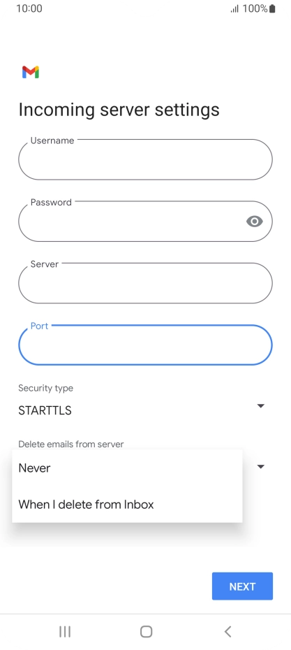 Press Never to keep email on the server when you delete them on your phone. Press Never to keep email on the server when you delete them on your phone.