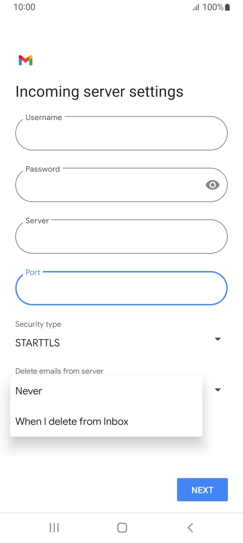 Press Never to keep email on the server when you delete them on your phone. Press Never to keep email on the server when you delete them on your phone.