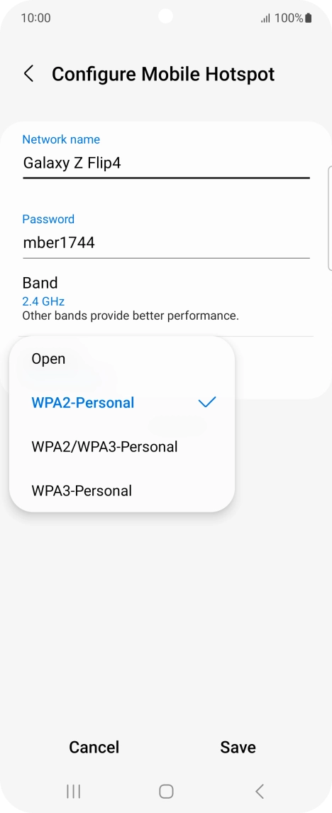 Press WPA3-Personal to password protect your Wi-Fi hotspot. Press WPA3-Personal to password protect your Wi-Fi hotspot.