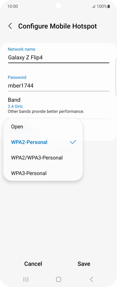 Press WPA3-Personal to password protect your Wi-Fi hotspot. Press WPA3-Personal to password protect your Wi-Fi hotspot.