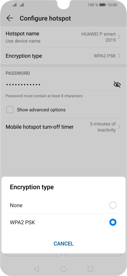 Press WPA2 PSK to password protect your Wi-Fi hotspot. Press WPA2 PSK to password protect your Wi-Fi hotspot.