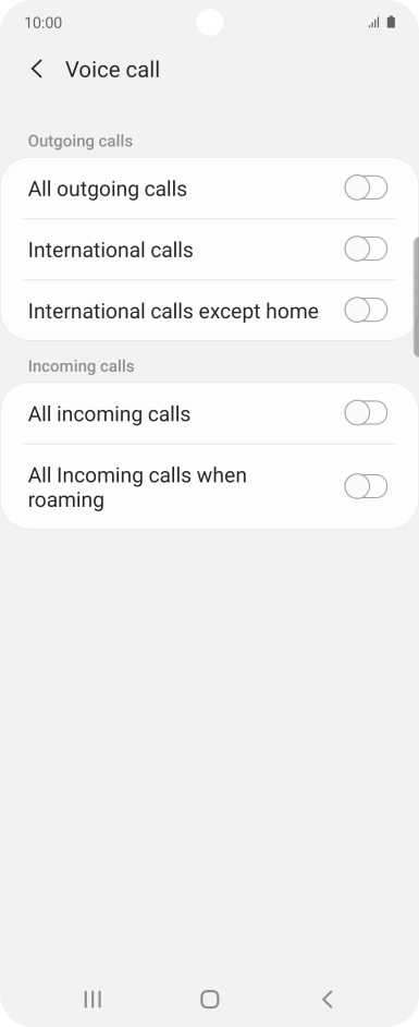 Press the indicator next to the required barring type to turn the function on or off. Press the indicator next to the required barring type to turn the function on or off.