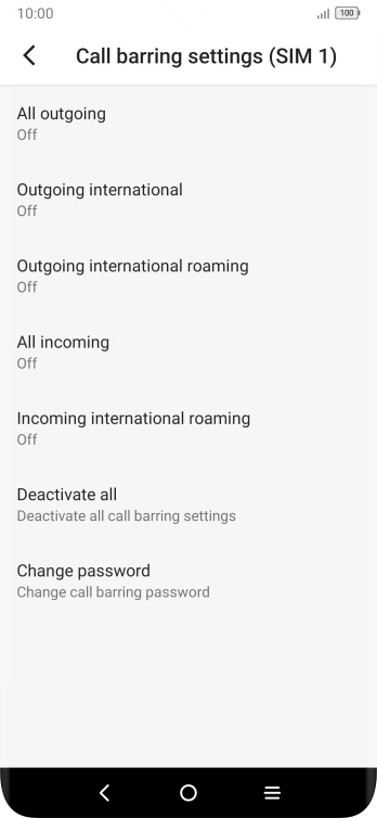 Press the required barring type to turn the function on or off. Press the required barring type to turn the function on or off.