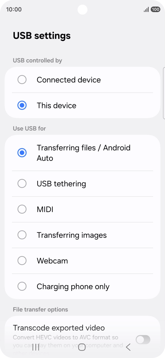 Press Transferring files / Android Auto. Press Transferring files / Android Auto.
