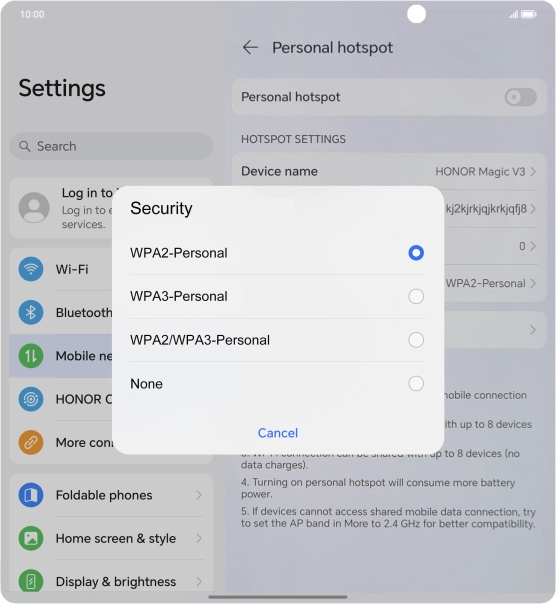 Press WPA3-Personal to password protect your Wi-Fi hotspot. Press WPA3-Personal to password protect your Wi-Fi hotspot.