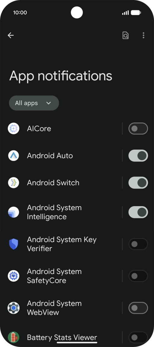 Press the indicator next to the required apps to turn the function on or off. Press the indicator next to the required apps to turn the function on or off.