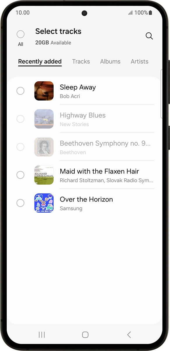 On your phone: Press the required audio files to select them. On your phone: Press the required audio files to select them.
