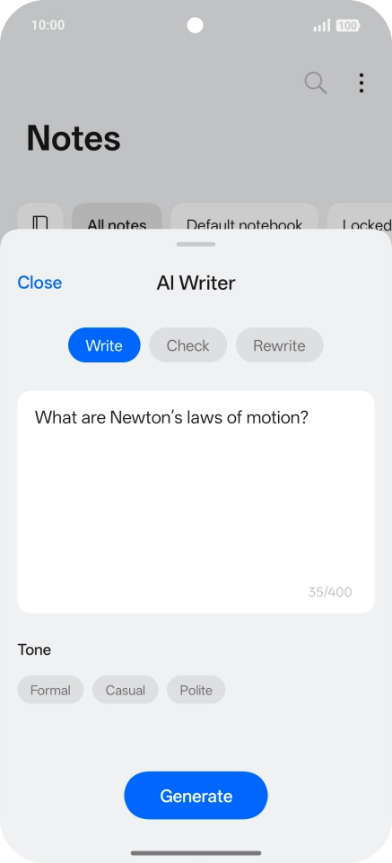 To generate a text, press Write. To generate a text, press Write.