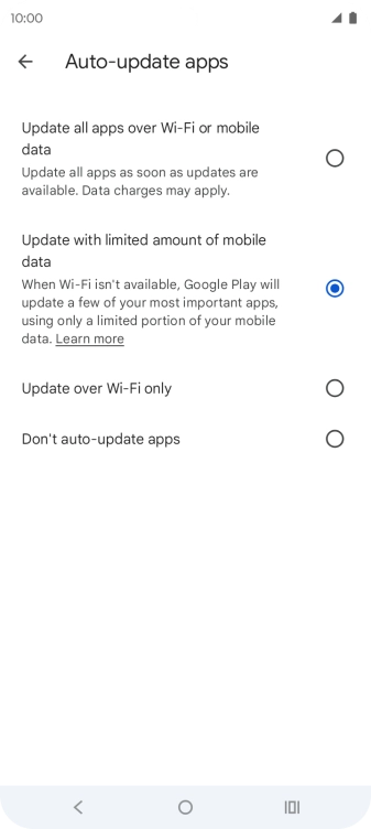 To turn on automatic update of apps using mobile network, press Update all apps over Wi-Fi or mobile data. To turn on automatic update of apps using mobile network, press Update all apps over Wi-Fi or mobile data.
