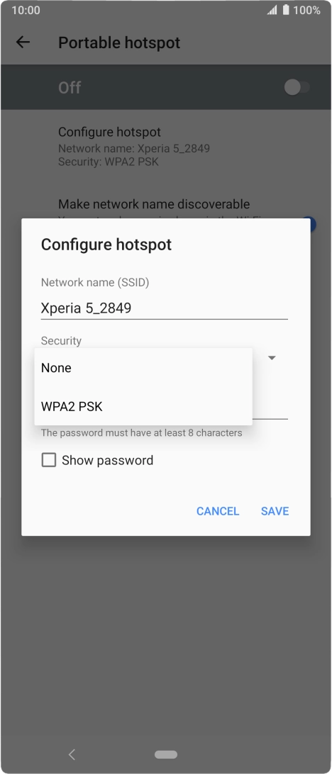 Press WPA2 PSK to password protect your Wi-Fi hotspot. Press WPA2 PSK to password protect your Wi-Fi hotspot.