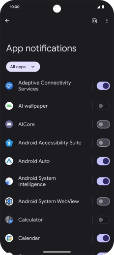 Press the indicator next to the required apps to turn the function on or off. Press the indicator next to the required apps to turn the function on or off.