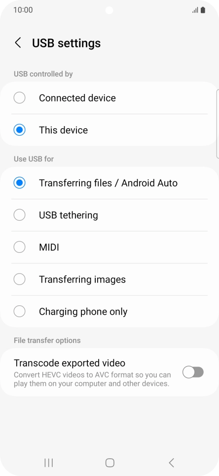 Press Transferring files / Android Auto. Press Transferring files / Android Auto.