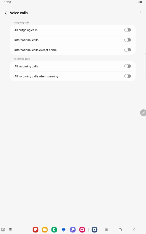Press the indicator next to the required barring type to turn the function on or off. Press the indicator next to the required barring type to turn the function on or off.