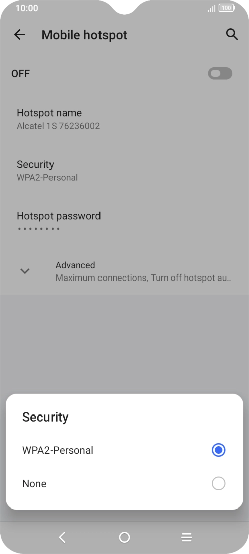 Press WPA-2 Personal to password protect your Wi-Fi hotspot. Press WPA-2 Personal to password protect your Wi-Fi hotspot.