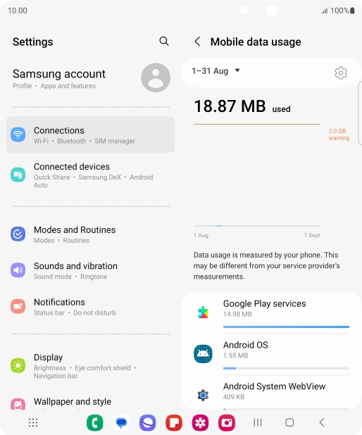 The data usage for each application is displayed below the name of the application. The data usage for each application is displayed below the name of the application.