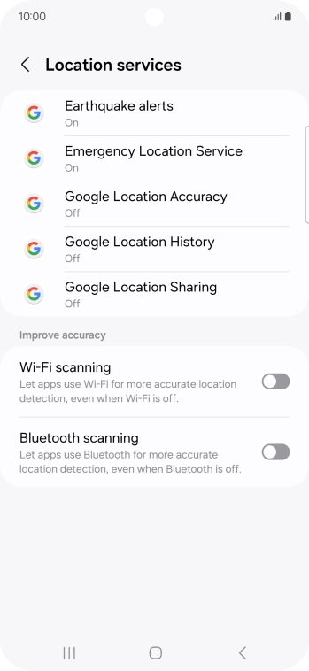 Press Google Location Accuracy. Press Google Location Accuracy.