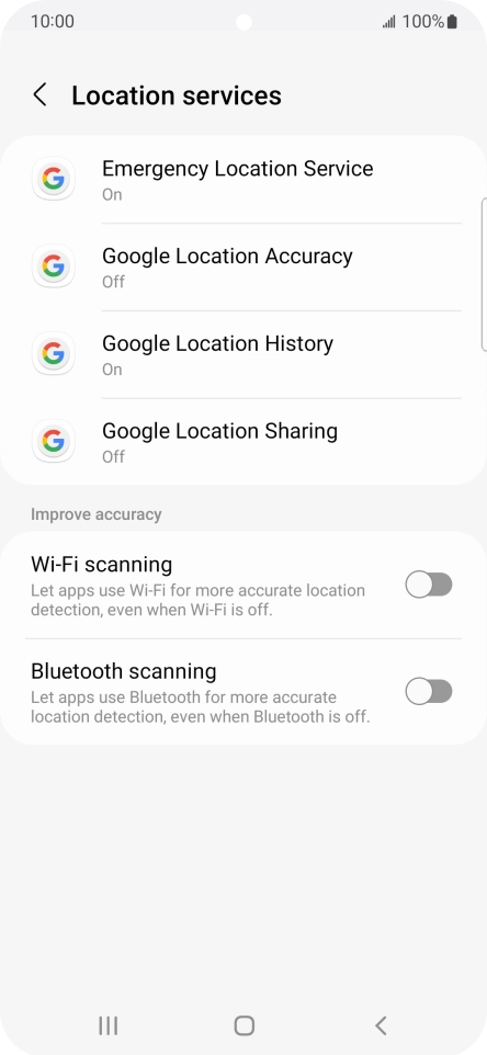Press Google Location Accuracy. Press Google Location Accuracy.