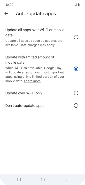 To turn on automatic update of apps using mobile network, press Update all apps over Wi-Fi or mobile data. To turn on automatic update of apps using mobile network, press Update all apps over Wi-Fi or mobile data.