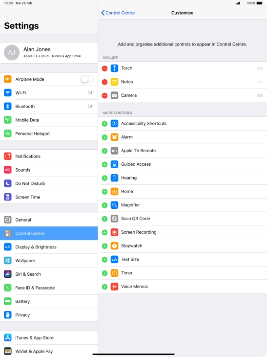 Press the delete icon next to the required function to remove it from Control Centre. Press the delete icon next to the required function to remove it from Control Centre.