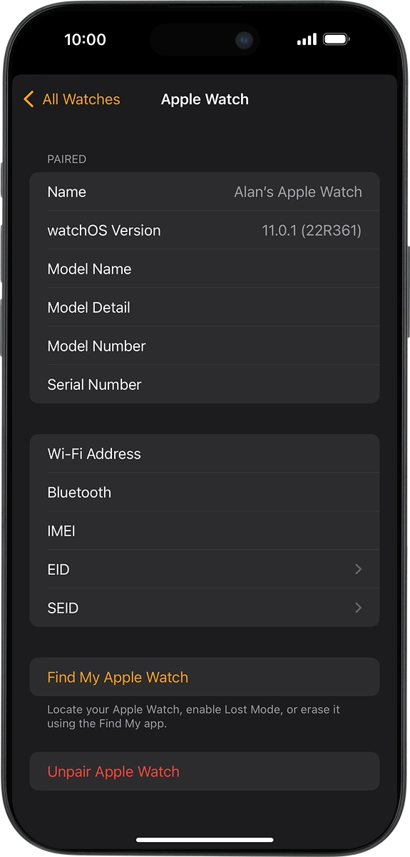 On your phone: Press Unpair Apple Watch. On your phone: Press Unpair Apple Watch.