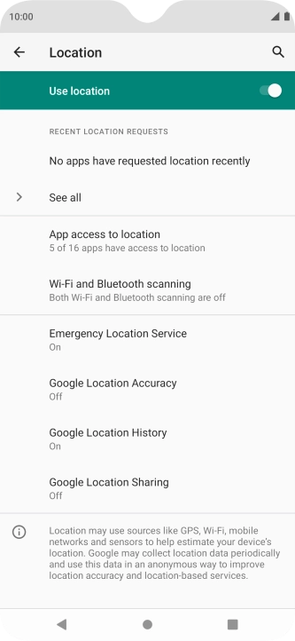 Press Google Location Accuracy. Press Google Location Accuracy.