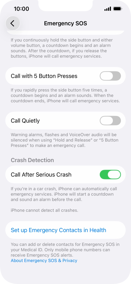 Press Set up Emergency Contacts in Health and follow the instructions on the screen to key in your emergency info and emergency contacts. Press Set up Emergency Contacts in Health and follow the instructions on the screen to key in your emergency info and emergency contacts.