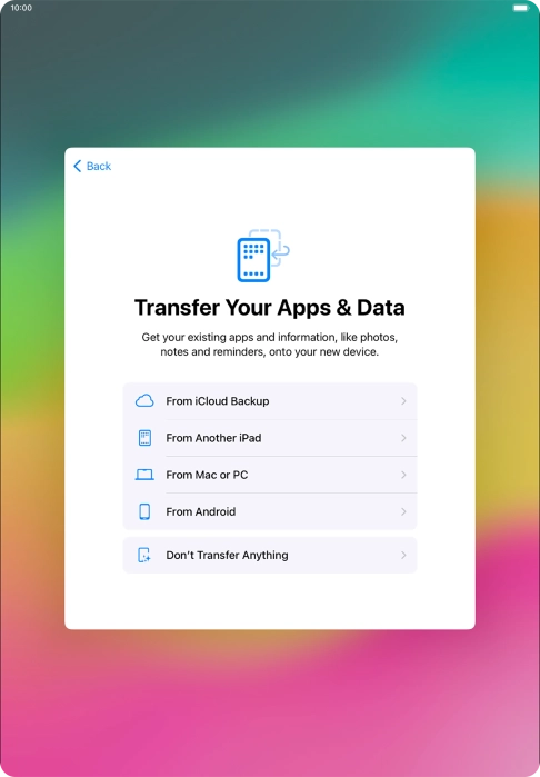 You can transfer the contents of an Android device to your tablet when it's activated for the first time and after a factory reset. When this screen is displayed, your tablet is ready to transfer contents from an Android device. You can transfer the contents of an Android device to your tablet when it's activated for the first time and after a factory reset. When this screen is displayed, your tablet is ready to transfer contents from an Android device.