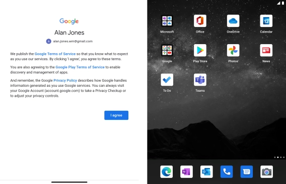 Press I agree and follow the instructions on the screen to select settings for your Google account. Press I agree and follow the instructions on the screen to select settings for your Google account.