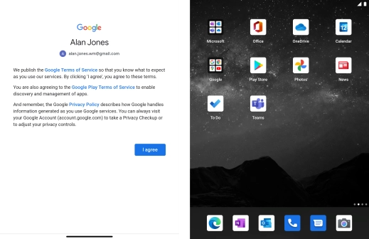 Press I agree and follow the instructions on the screen to select settings for your Google account. Press I agree and follow the instructions on the screen to select settings for your Google account.