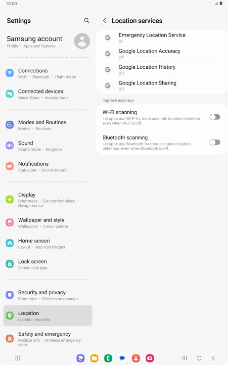 Press Google Location Accuracy. Press Google Location Accuracy.