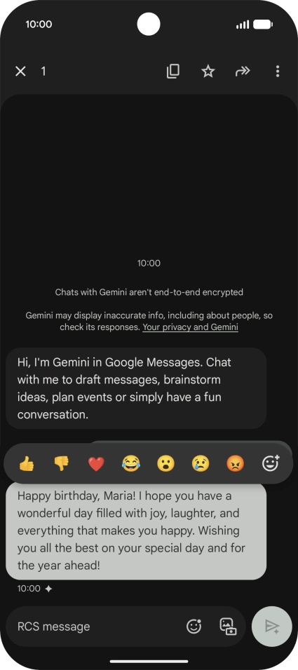 Press and hold the text suggestion from Gemini. Follow the instructions on the screen to use the text suggestion. Press and hold the text suggestion from Gemini. Follow the instructions on the screen to use the text suggestion.