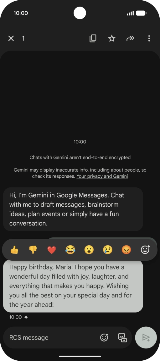 Press and hold the text suggestion from Gemini. Follow the instructions on the screen to use the text suggestion. Press and hold the text suggestion from Gemini. Follow the instructions on the screen to use the text suggestion.