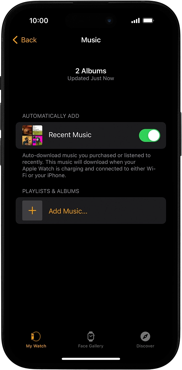 On your phone: Press Add Music... and go to the required playlist or album. On your phone: Press Add Music... and go to the required playlist or album.