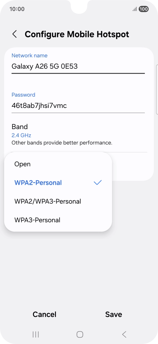 Press WPA3-Personal to password protect your Wi-Fi hotspot. Press WPA3-Personal to password protect your Wi-Fi hotspot.