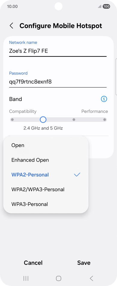 Press WPA3-Personal to password protect your Wi-Fi hotspot. Press WPA3-Personal to password protect your Wi-Fi hotspot.