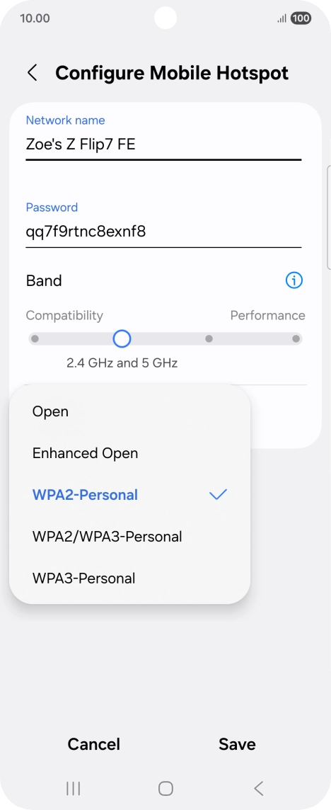 Press WPA3-Personal to password protect your Wi-Fi hotspot. Press WPA3-Personal to password protect your Wi-Fi hotspot.