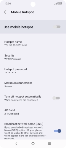 Press Hotspot name and key in the required name for the Wi-Fi hotspot. Press Hotspot name and key in the required name for the Wi-Fi hotspot.