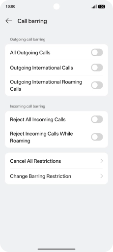 Press the required barring type. Press the required barring type.