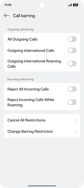 Press the required barring type. Press the required barring type.