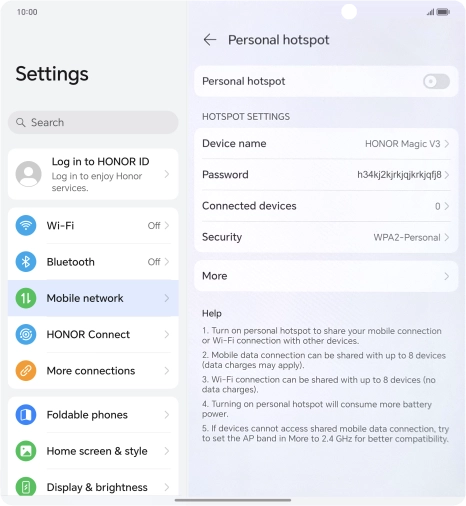 Press Device name and key in the required name for the Wi-Fi hotspot. Press Device name and key in the required name for the Wi-Fi hotspot.