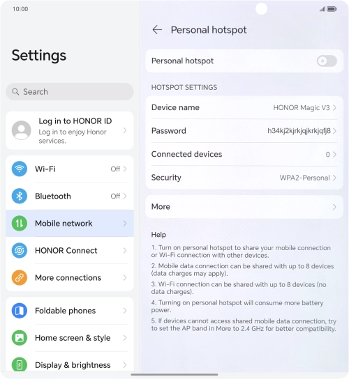 Press Device name and key in the required name for the Wi-Fi hotspot. Press Device name and key in the required name for the Wi-Fi hotspot.