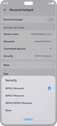Press WPA3-Personal to password protect your Wi-Fi hotspot. Press WPA3-Personal to password protect your Wi-Fi hotspot.
