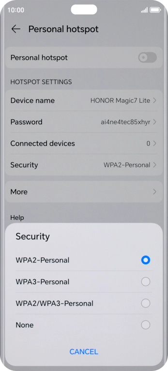 Press WPA3-Personal to password protect your Wi-Fi hotspot. Press WPA3-Personal to password protect your Wi-Fi hotspot.