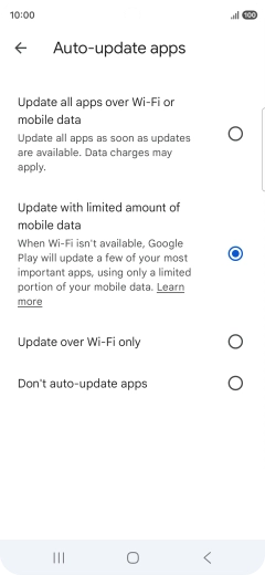 To turn on automatic update of apps using mobile network, press Update all apps over Wi-Fi or mobile data. To turn on automatic update of apps using mobile network, press Update all apps over Wi-Fi or mobile data.