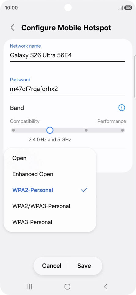 Press WPA3-Personal to password protect your Wi-Fi hotspot. Press WPA3-Personal to password protect your Wi-Fi hotspot.