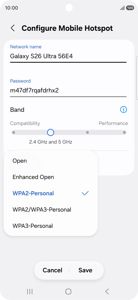 Press WPA3-Personal to password protect your Wi-Fi hotspot. Press WPA3-Personal to password protect your Wi-Fi hotspot.
