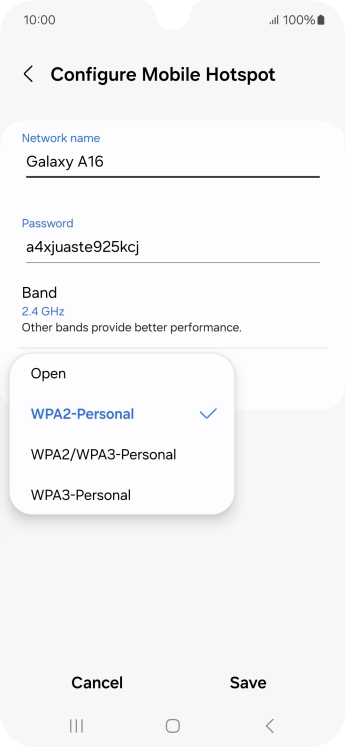 Press WPA3-Personal to password protect your Wi-Fi hotspot. Press WPA3-Personal to password protect your Wi-Fi hotspot.