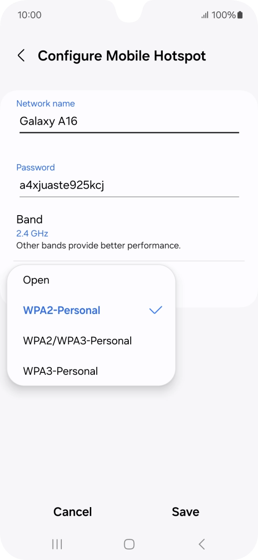 Press WPA3-Personal to password protect your Wi-Fi hotspot. Press WPA3-Personal to password protect your Wi-Fi hotspot.