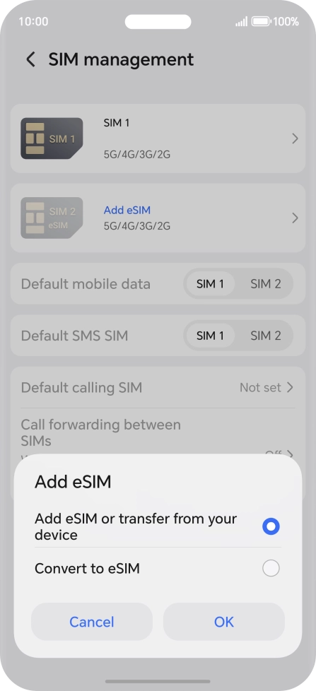 Press Add eSIM or transfer from your device. Press Add eSIM or transfer from your device.