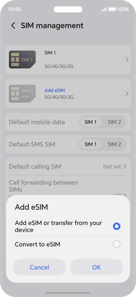 Press Add eSIM or transfer from your device. Press Add eSIM or transfer from your device.